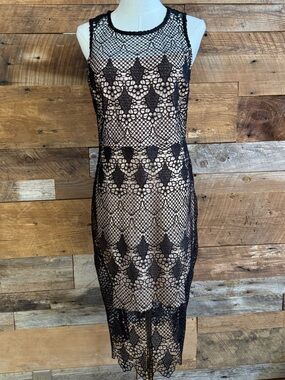 Bisou Bisou Black Crochet Lace Nude Illusion Sleeveless Midi Dress Womens Size 8